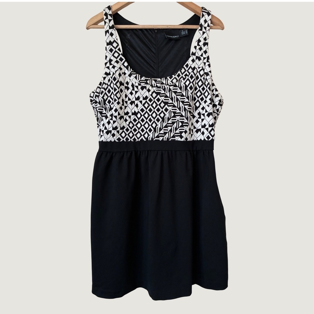 Cynthia Rowley Minimalist Black White Geometric Sleeveless Fit & Flare Dress XL